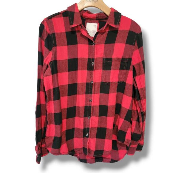 SO Juniors red black plaid long sleeve button-down cozy flannel - medium - Picture 1 of 8